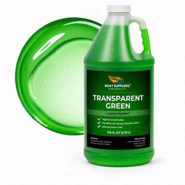 Transparent Green liquid pigment 1 gallon jug beside a glossy translucent emerald green pour
