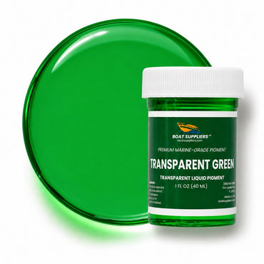 Transparent Green liquid pigment 1 oz jar beside a glossy translucent emerald green pour