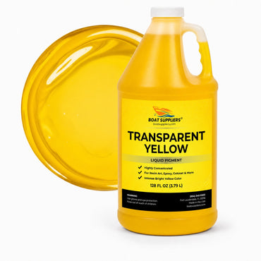 Transparent Yellow liquid pigment 1 gallon jug beside a glossy translucent golden yellow pour