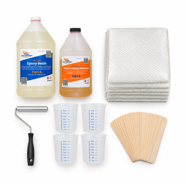 1708 fiberglass repair kit contents: 1.33 gallon marine epoxy resin with medium hardener, 5 yards of 1708 biaxial fiberglass, laminating roller, quart mixing tubs and wooden mixing sticks