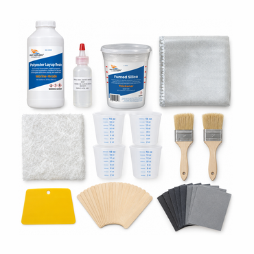 Fiberglass repair kit contents: 435 marine polyester layup resin quart with MEKP, fumed silica, 6 oz cloth, 1.5 oz chopped strand mat, pint mixing tubs, chip brushes, spreader, wooden mixing sticks and sandpaper