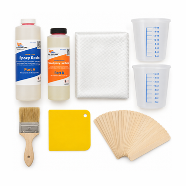 Beginner fiberglass kit with epoxy resin contents: 16 oz epoxy resin with 8 oz slow hardener, 6 oz fiberglass cloth, pint mixing tubs, chip brush, spreader and wooden mixing sticks