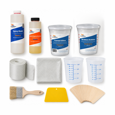 Fiberglass kayak and canoe repair kit contents: epoxy resin with medium hardener, fumed silica, white glass microspheres, 4 inch fiberglass cloth tape, 6 oz fiberglass cloth, quart mixing tubs, chip brush, spreader and mixing sticks