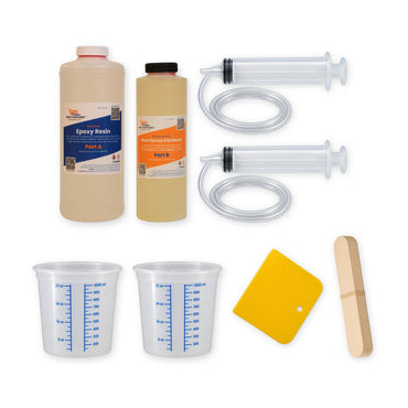RV delamination repair kit for up to 12 square feet: 32 oz thin epoxy resin, 16 oz slow hardener, two graduated quart mixing tubs, two injection syringes with flexible tubing, wood stir sticks and a plastic spreader