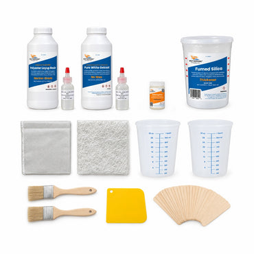 RV and camper fiberglass repair kit: layup resin, white gelcoat, MEKP, fumed silica, surfacing wax, mat, cloth, mixing cups, brushes, spreader