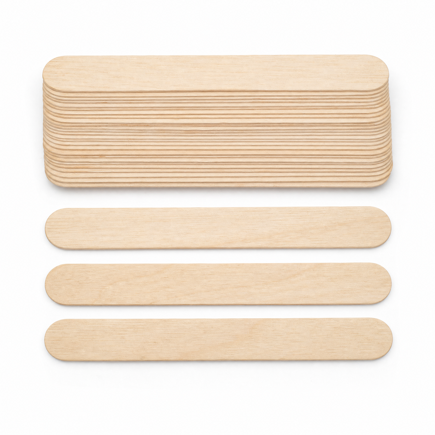 Stack of wooden tongue depressor stir sticks with three loose sticks