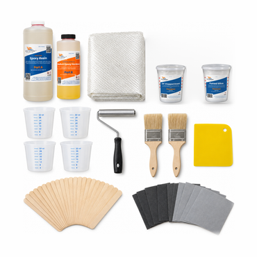 Boat transom repair kit contents: quart epoxy resin with medium hardener, 3 yards of 1708 biaxial fiberglass, 1/4 inch chopped strand, fumed silica, laminating roller, quart mixing tubs, chip brushes, spreader, wooden mixing sticks and sandpaper