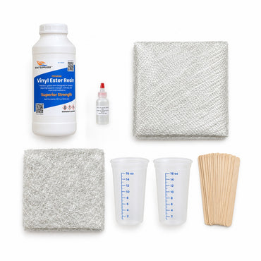 Vinyl ester patch repair kit: quart of vinyl ester resin with MEKP, a folded yard of 1708 biaxial, a folded yard of chopped strand mat, two pint mixing tubs and stir sticks