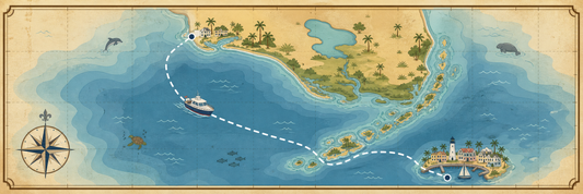 Cartoon nautical chart of the boat route from Naples, FL to Key West, FL.