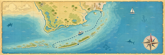 Cartoon nautical chart of the boat route from Miami, FL to Key Largo, FL.