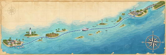 Cartoon nautical chart of the boat route from Marathon, FL to Key West, FL.