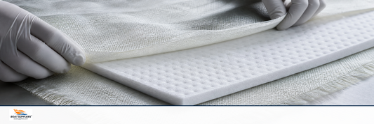 A sheet of white dimpled coremat core material laid between layers of fiberglass