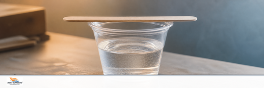 A cup of freshly mixed clear epoxy resin on a workbench with a stir stick