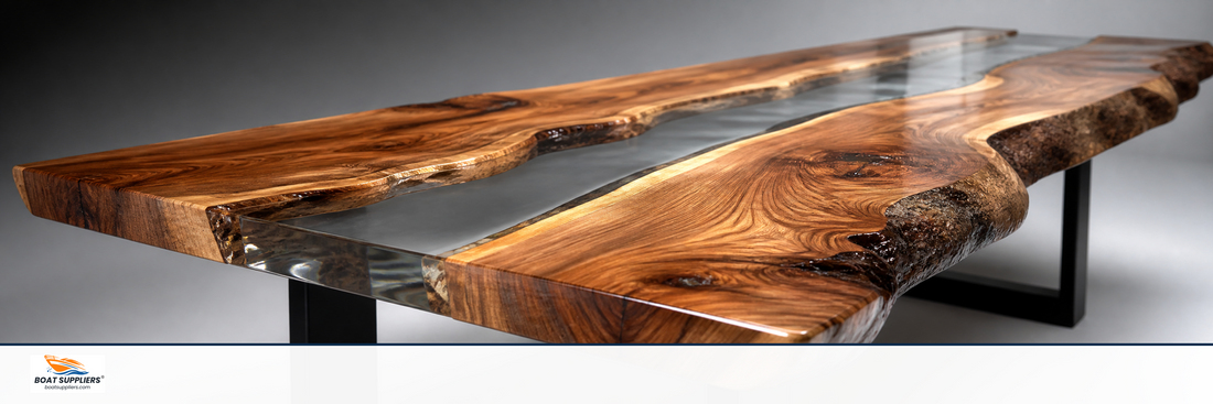 A live edge wooden river table finished with crystal clear epoxy resin