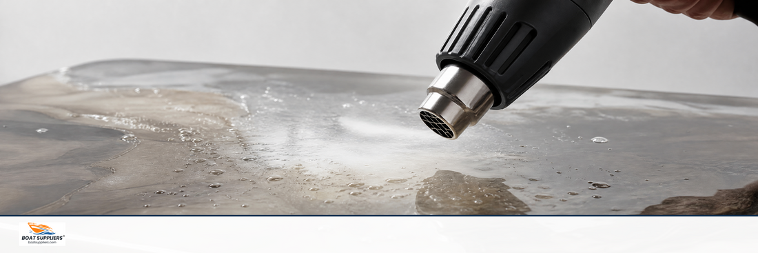 A heat gun releasing trapped air bubbles from a clear epoxy resin surface