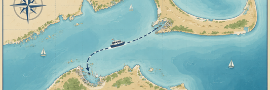 Cartoon nautical chart of the boat route from Cape Cod (Woods Hole), MA to Vineyard Haven, Martha's Vineyard.