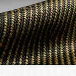 Carbon kevlar hybrid fabric showing interwoven black carbon and gold aramid threads
