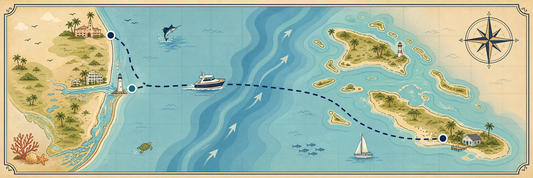 Cartoon nautical chart of the boat route from Palm Beach, FL to West End, Bahamas.