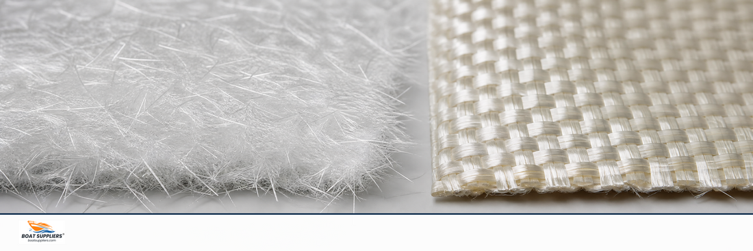Chopped strand mat and woven roving fiberglass materials side by side