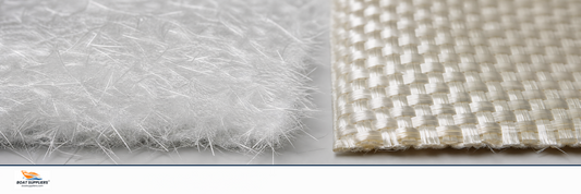Chopped strand mat and woven roving fiberglass materials side by side