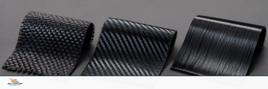 Carbon fiber fabric swatches showing plain, twill, and unidirectional weave patterns