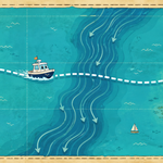 Cartoon nautical chart of the boat route from Miami, FL to Bimini, Bahamas.