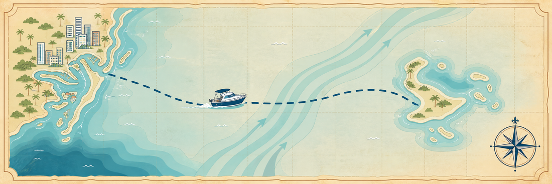 Cartoon nautical chart of the boat route from South Florida (Miami / Fort Lauderdale) to Bimini, Bahamas.