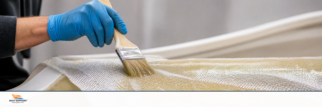 Amber vinyl ester resin being brushed onto woven fiberglass cloth on a hull