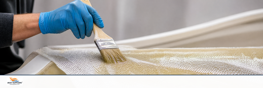 Amber vinyl ester resin being brushed onto woven fiberglass cloth on a hull
