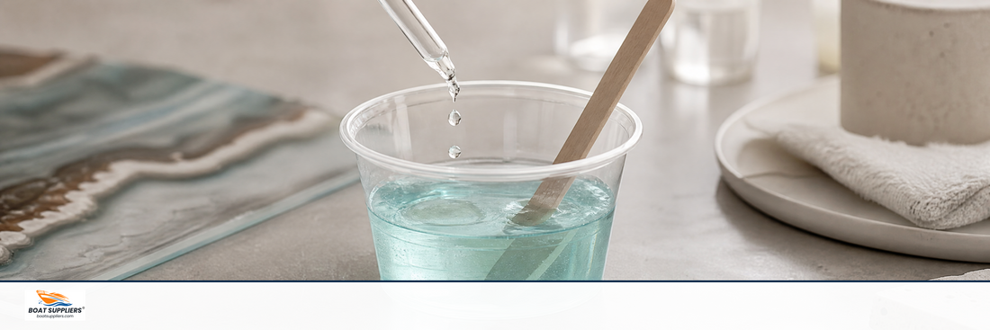 Polyester resin being stirred in a mixing cup with catalyst added by dropper