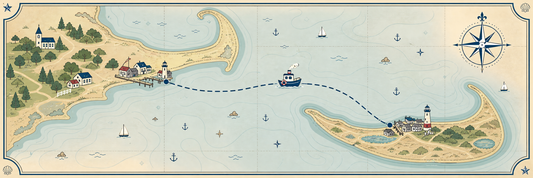 Cartoon nautical chart of the boat route from Hyannis, Cape Cod, MA to Nantucket, MA.