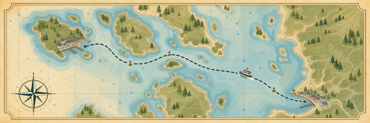 Cartoon nautical chart of the boat route from Anacortes, WA to Friday Harbor, San Juan Islands.