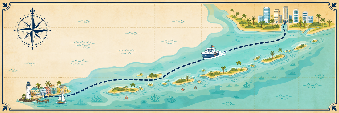 Cartoon nautical chart of the boat route from Miami, FL to Key West, FL.