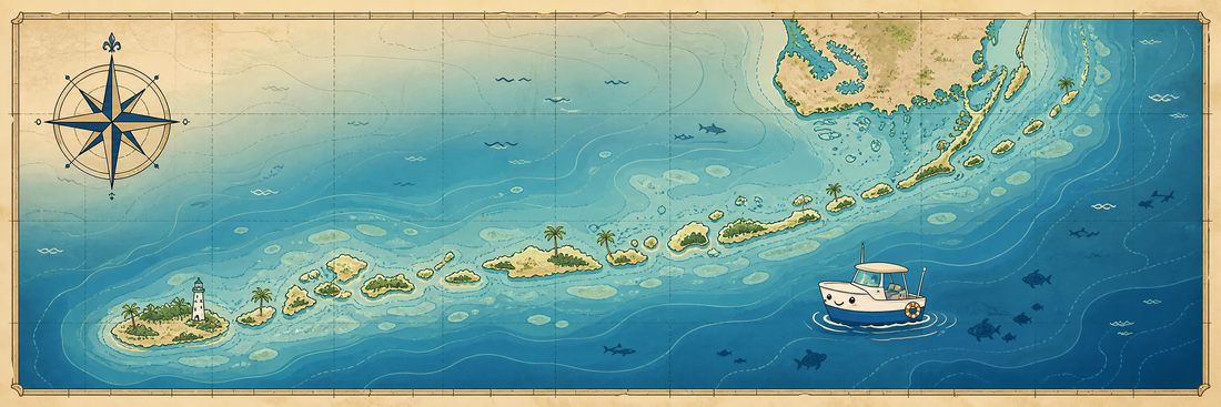 Cartoon nautical chart of the Florida Keys boating region.