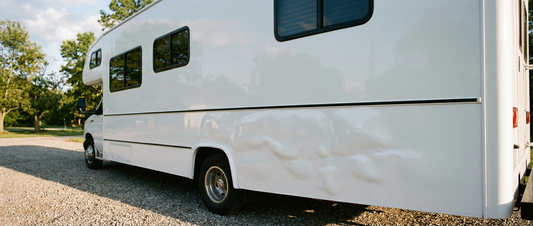 Delaminated fiberglass sidewall on a motorhome, with ripples and bubbles in the skin below the windows