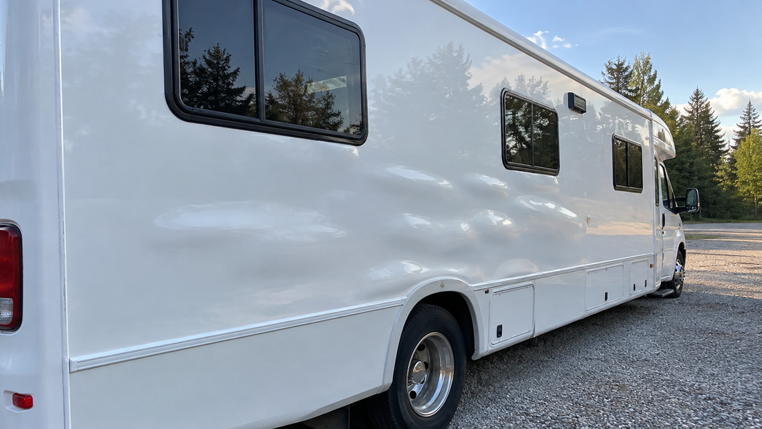 Fiberglass motorhome sidewall with several delamination bulges across a wide area