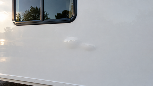 Small bubble in a white fiberglass RV sidewall below a window