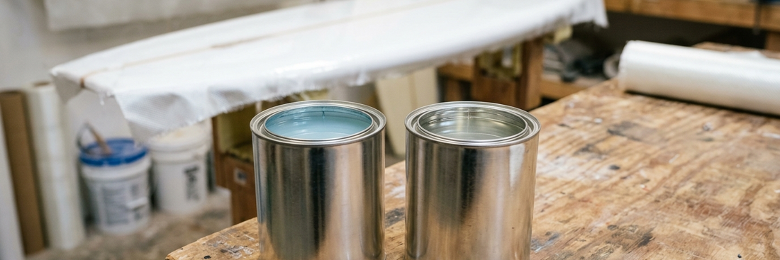 Two quart cans of clear polyester surfboard resin on a workbench, one with a faint blue tint