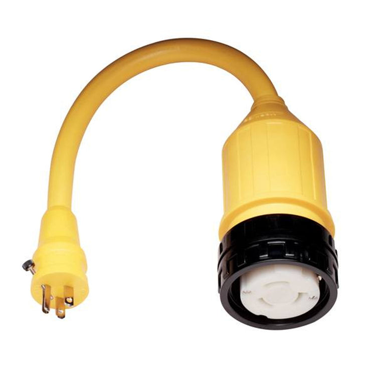 Yellow marine shore power adapter cord with plug and locking receptacle, dockside power connector