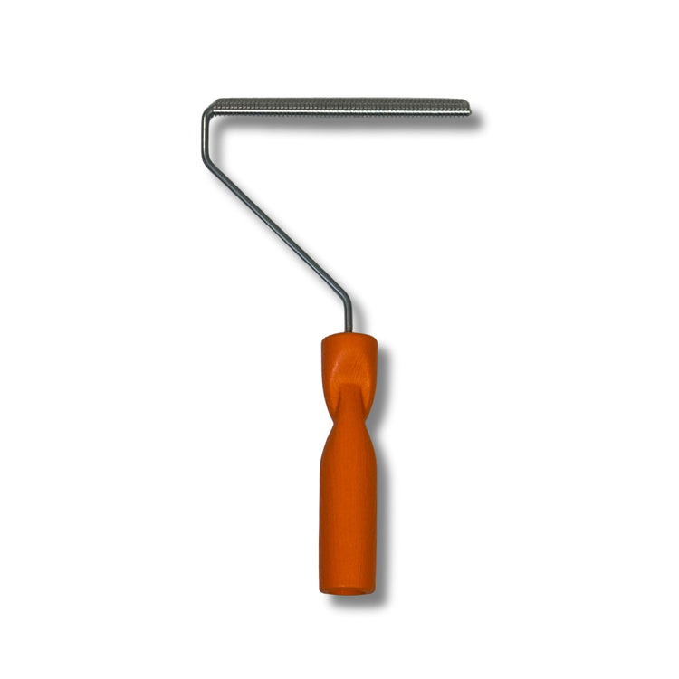 Metal fiberglass laminating roller with orange wood handle, bubble-busting fiberglass roller tool
