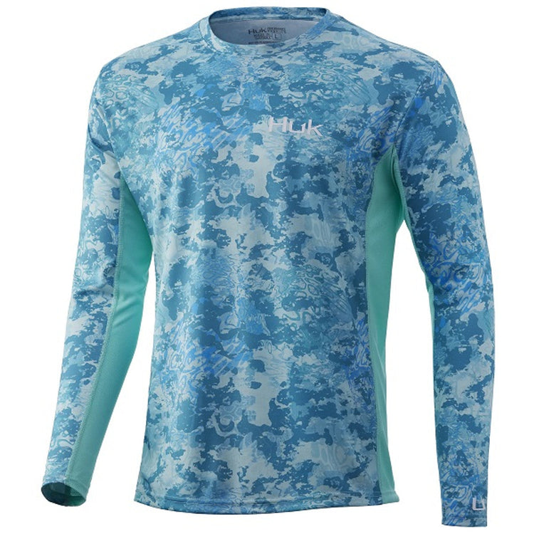 Blue camo long-sleeve performance fishing shirt, marine clothing and apparel