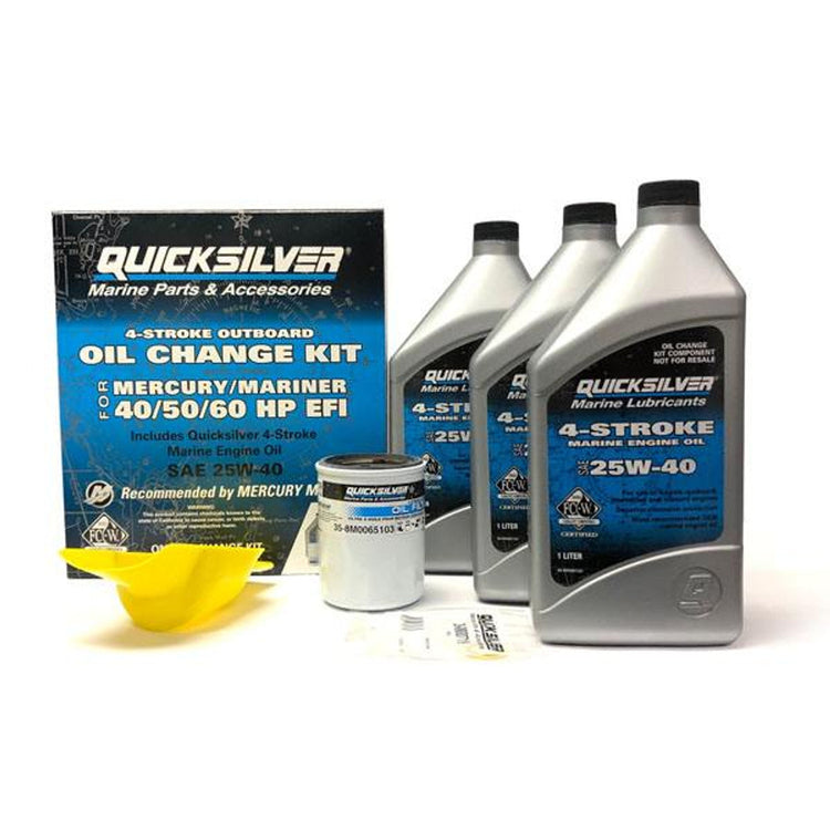 Quicksilver 4-stroke outboard oil change kit with 25W-40 oil bottles and filter, marine oil
