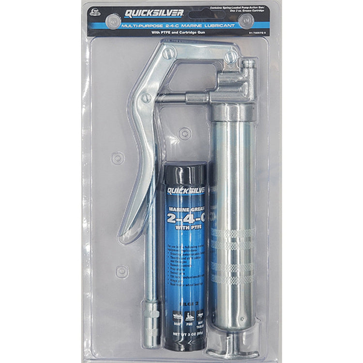Quicksilver 2-4-C marine grease gun kit with PTFE cartridge in blister pack, marine grease
