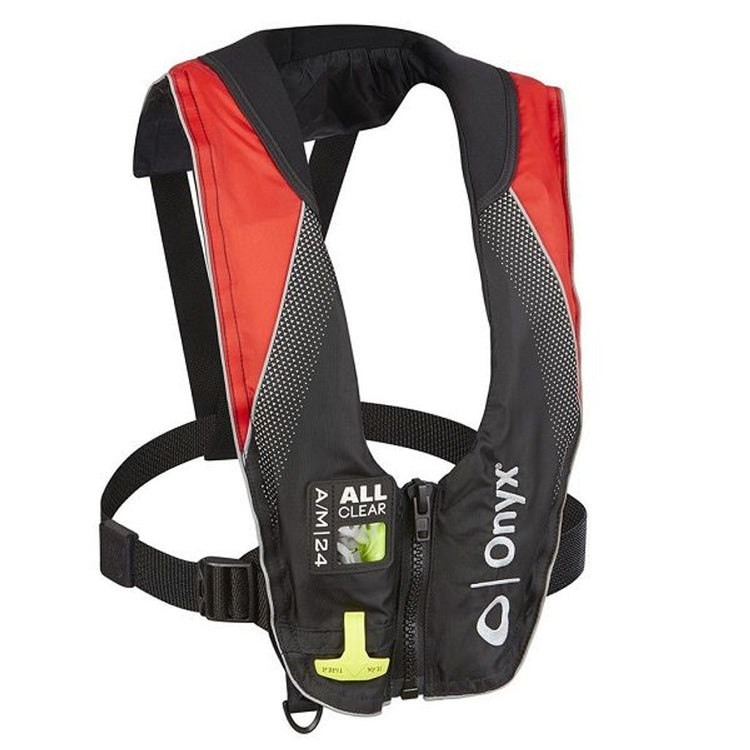 Onyx red and black inflatable life jacket PFD, boat safety gear category