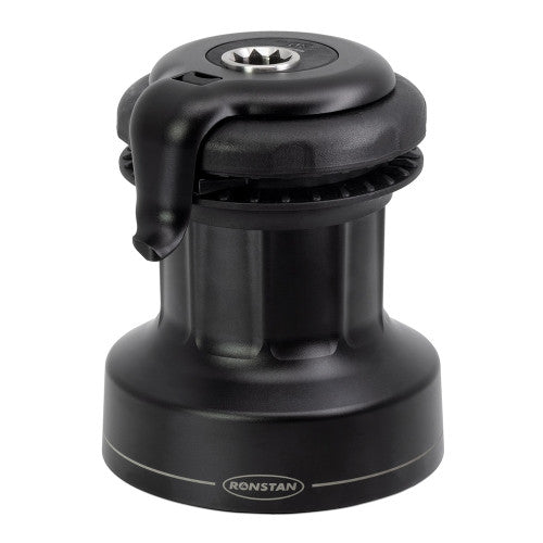 Black Ronstan self-tailing winch, anchor mate and winch hardware for boats