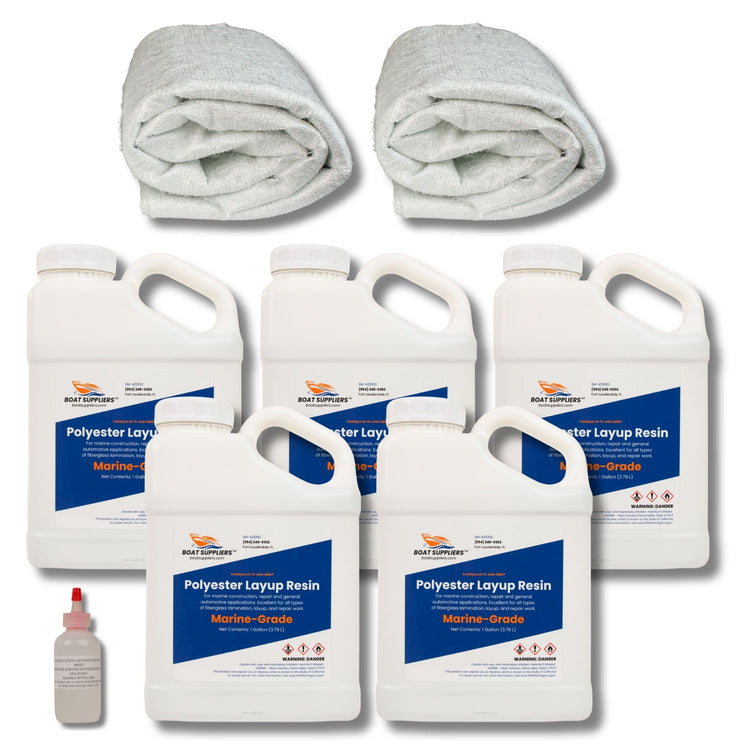 Boat building fiberglass kit with 1708 biaxial, chopped strand mat, and resin