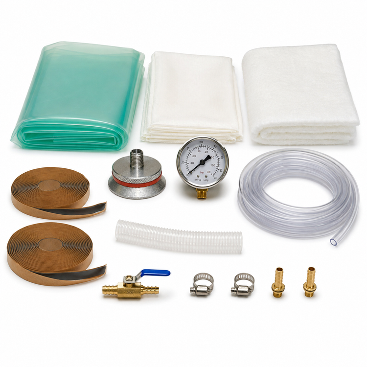 Vacuum bagging kit contents laid out on white: green nylon bagging film, white peel ply, off-white breather cloth, rolls of yellow sealant tape, machined aluminum through-bag vacuum connector, coiled vacuum hose, vacuum gauge and ball valve
