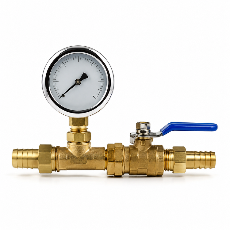Assembled brass vacuum control manifold with a two inch analog vacuum gauge, blue-handled quarter-turn ball valve and brass hose barb fittings on a brass tee