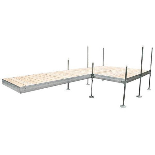 Aluminum-frame wood-deck boat dock with pilings, sectional boat dock