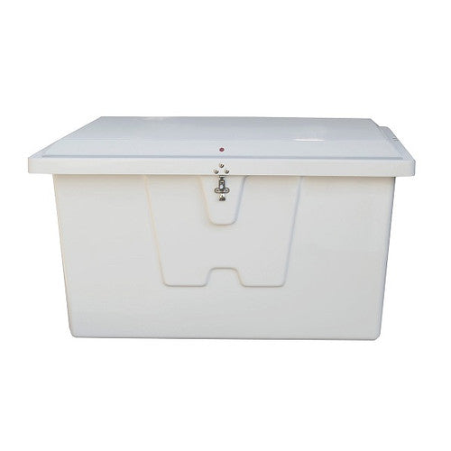 White fiberglass dock storage box with hinged lid and latch, dock boxes category